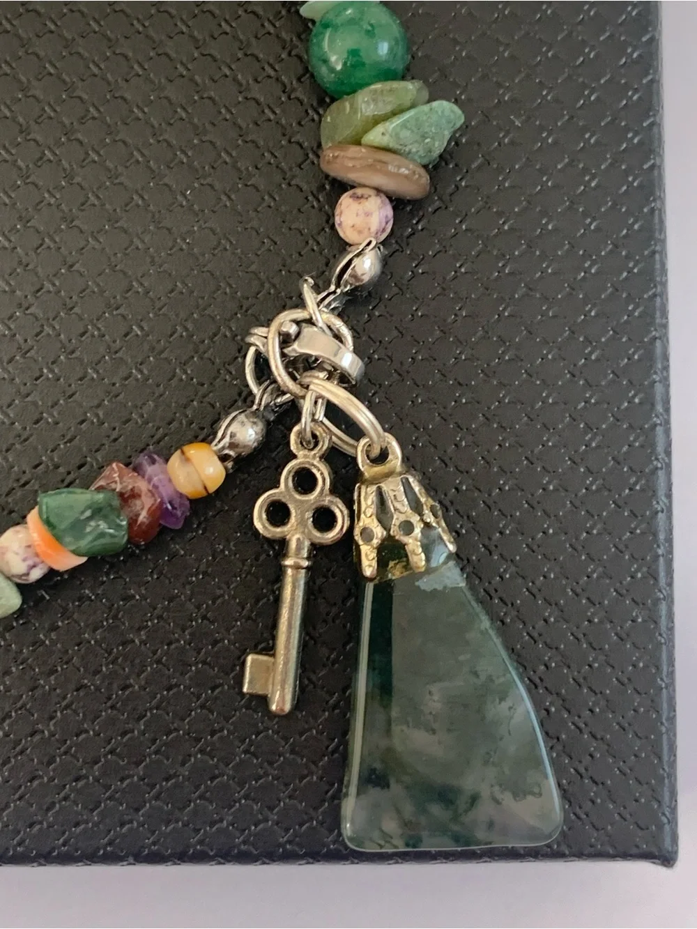 Multicolor Beaded Gemstone Charm Bracelet with Moss Agate Pendant